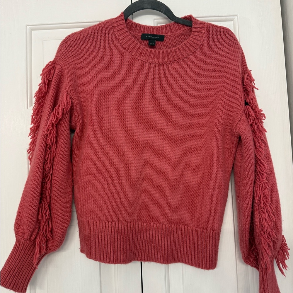 Ann Taylor Salmon Sweater with fringe - size S (EUC)